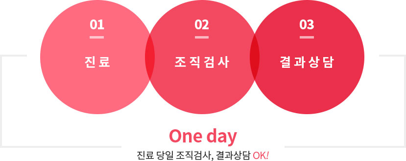 01 진료, 02 조직검사, 03 결과상담, One day 진료 당일 조직검사, 결과상담 OK!